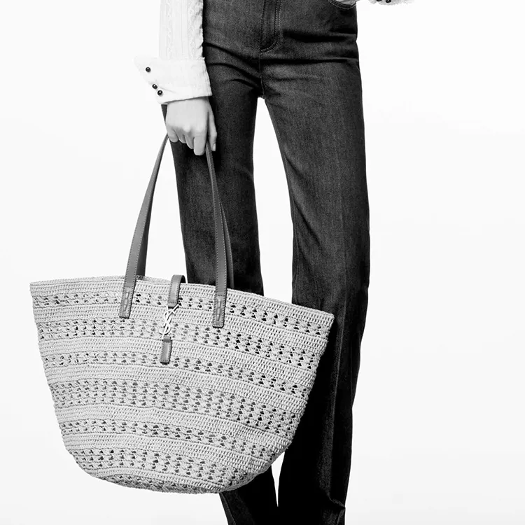 SAINT LAURENT Natural Woven Large Capacity Tote Bag Shopping Bag Handbag Medium Size Women's Black-4