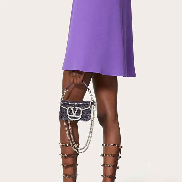 Valentino Locò Leather Baguette Bag Handbags Shoulder Bag Crossbody Bag Mini Women's Dark Purple/Silver-5