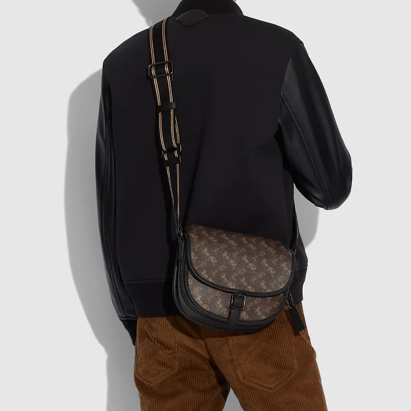 COACH Canvas, Leather Shoulder Bag, Crossbody Bag Medium Size Men's Black Copper/Truffle Brown Color-3