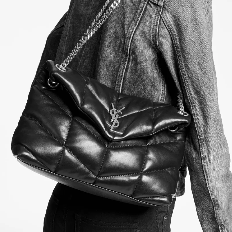 SAINT LAURENT Wool Bonded Leather Cloud Bag Pillow Bag Shoulder Bag Crossbody Bag Small Size Women's Beige-7