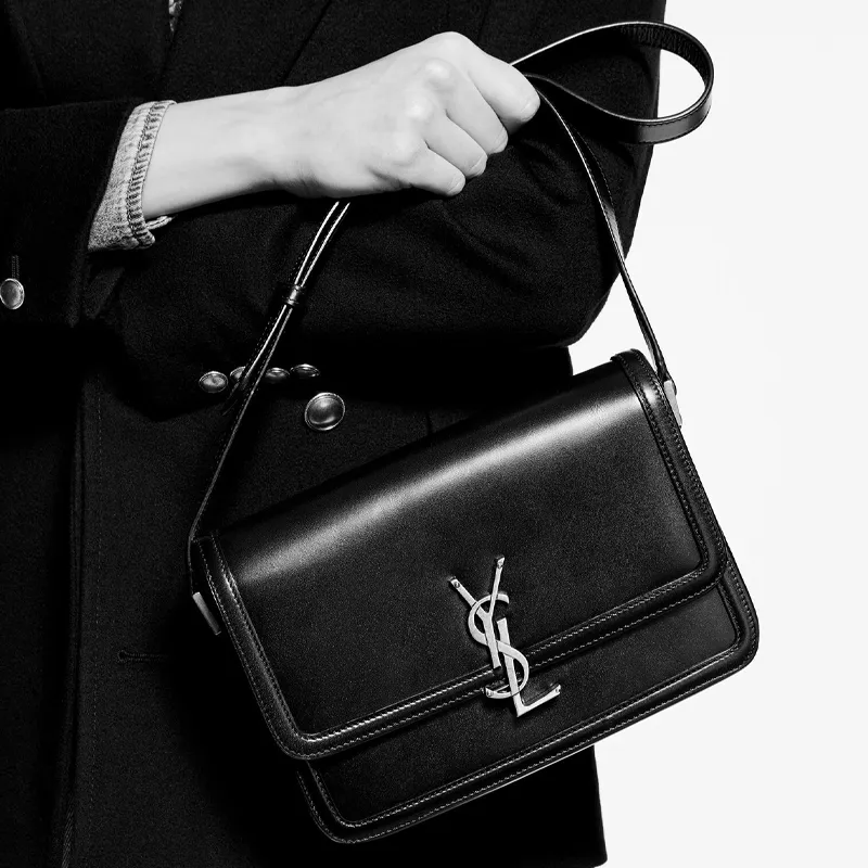 SAINT LAURENT SOLFERINO Leather Tofu Bag, Shoulder Bag, Crossbody Bag Medium Size Women's Gray White-6