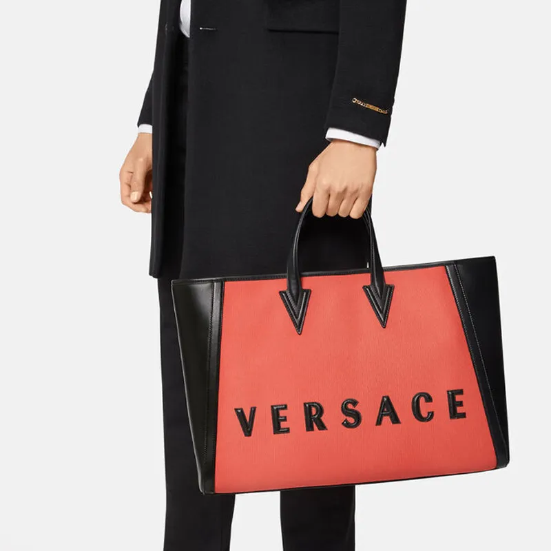 VERSACE Canvas Tote Bag Shopping Bag Shoulder Bag Handbag Men's Red Black Multicolor-5