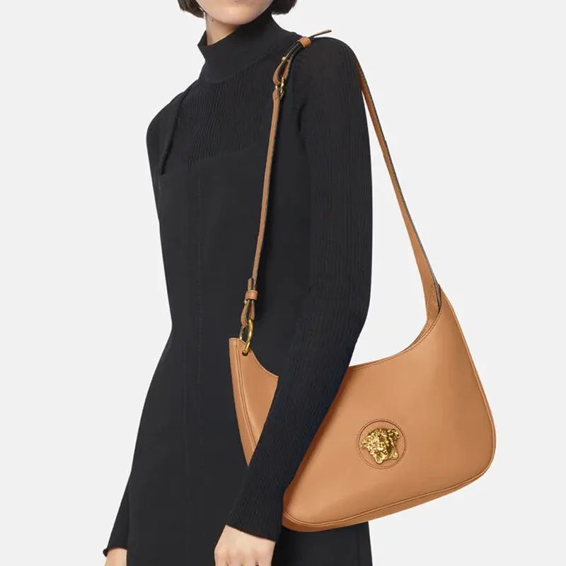 VERSACE La Medusa Cow Leather Shoulder Bag Women's Camel-4