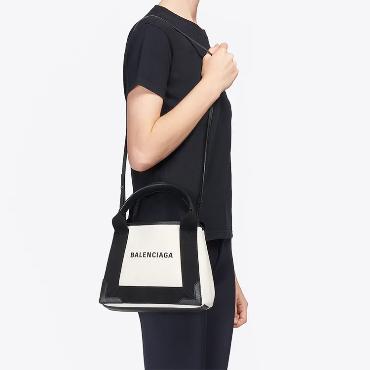 Balenciaga Navy Fabric/Artificial Leather/Cow Leather Handbag Trumpets Women's Black-3