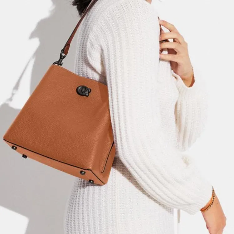 COACH Pebbled Leather Bucket Bag Handbag Shoulder Bag Crossbody Bag Medium Size Women's Orange-Brown-4