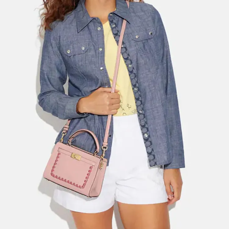 COACH Lane Refined Pebbled Leather Patchwork Smooth Leather Handbag, Shoulder Bag, Crossbody Bag Trumpets Women's Pink-3