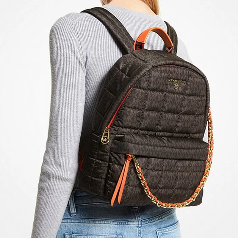 MICHAEL KORS Slater Nylon Fabric Backpack Medium Size Women's Dark Brown With Orange Accents-5