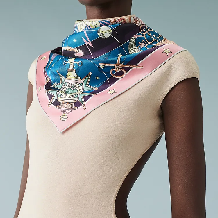 HERMES Silk Scarves Women's Pink/Cobalt Blue/Eggplant Purple-1