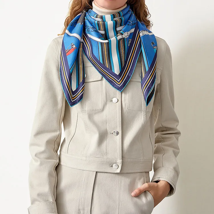HERMES Silk Scarves Women's Blue/Black-5