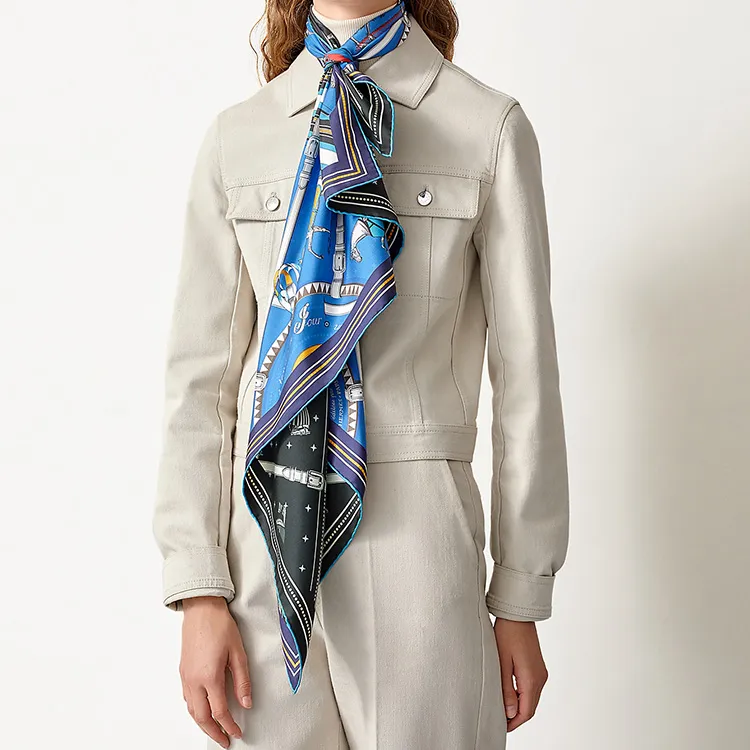 HERMES Silk Scarves Women's Blue/Black-4