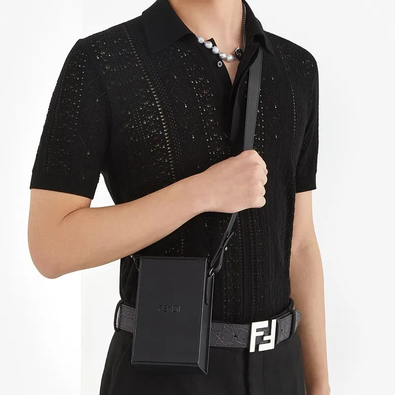 FENDI Leather Box Bag Cell Phone Pouch Crossbody Bag Shoulder Bag Men's Black-4