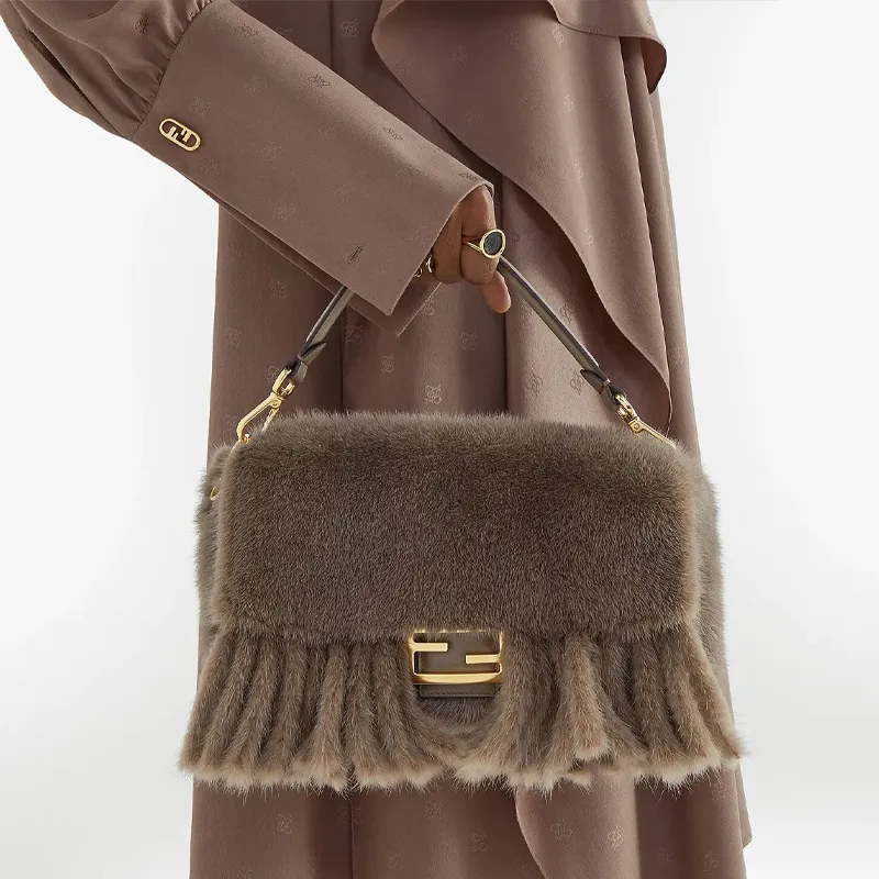 FENDI Baguette Mink Fur Blended With Lambskin Baguette Bag Handbag Shoulder Bag Crossbody Bag Medium Size Women's Gray-4