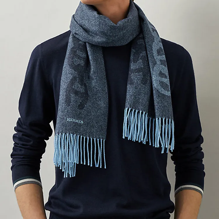 HERMES Knit Scarves Men Ocean Blue/Sky Blue-1