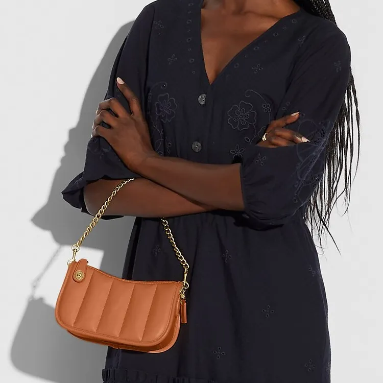 COACH Sheepskin Leather Patchwork Pochette, Shoulder Bag, Handbag Small Size Women's Solid Color Orange-3