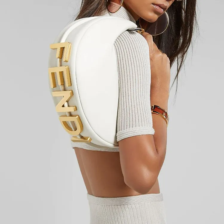 FENDI Fendigraphy Cow Leather Crescent Bag, Shoulder Bag, Handbag Trumpets Women's White-4