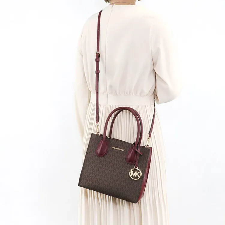MICHAEL KORS Mercer Leather Trunk Bag, Shoulder Bag, Crossbody Bag, Handbag Medium Size Women's Dark Brown & Burgundy-4