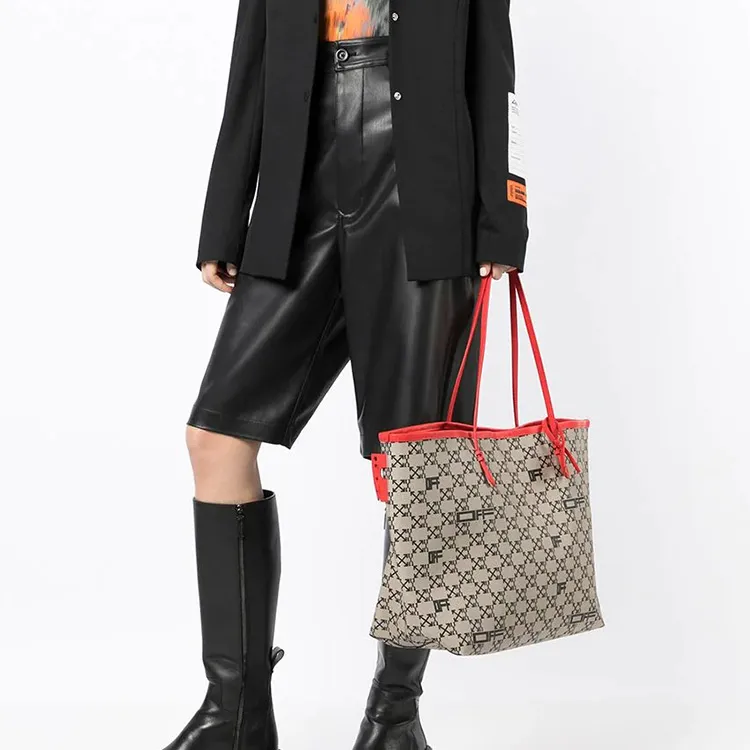 OFF WHITE Arrows Logo Print Tote Bag Taupe/Red-5