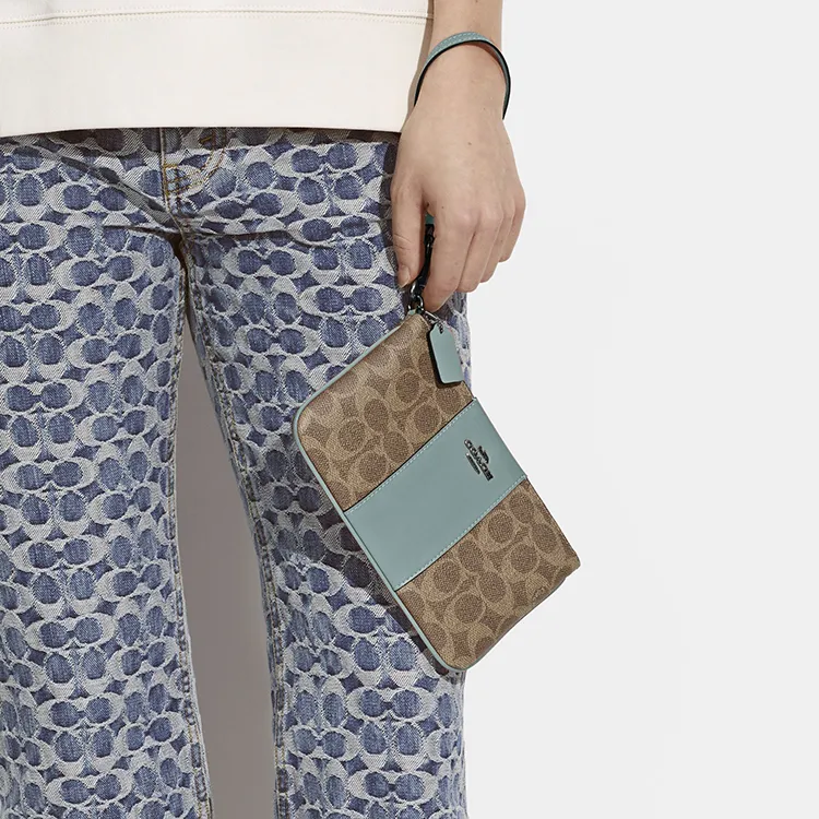 COACH Wristlet Coated Canvas With Calfskin Coin Purse Clutch Wrist Bag Small Size Women's Khaki With Lake Green Accents-4