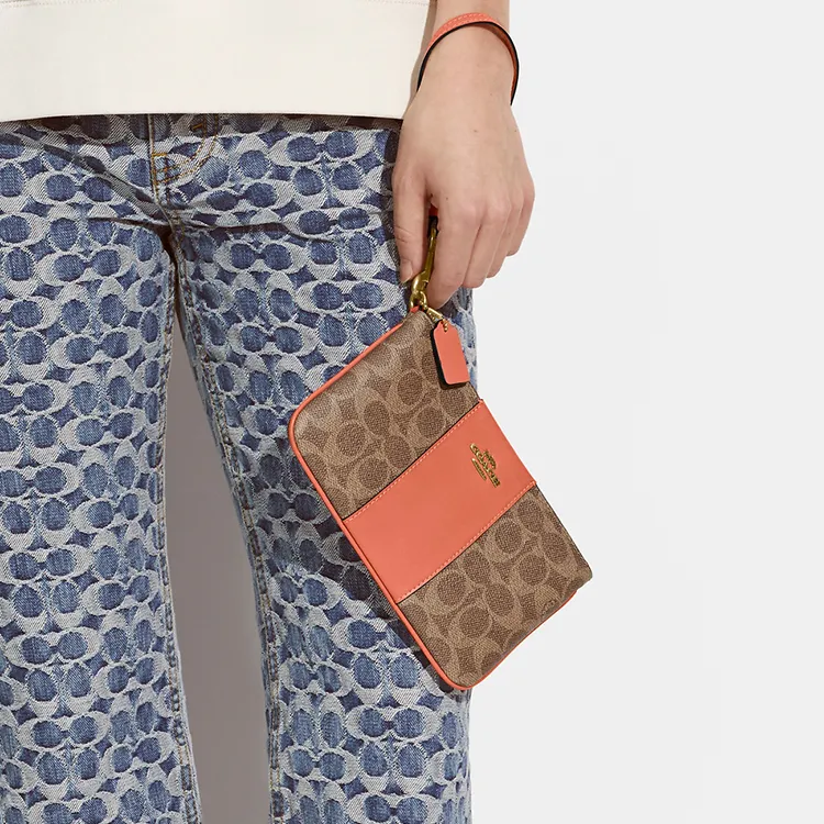 COACH Wristlet Coated Canvas With Calfskin Wrist Bag Coin Purse Small Size Women's Khaki & Light Coral Red-4