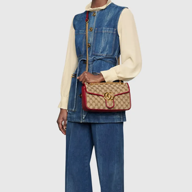 GUCCI GG Marmont Quilting Canvas With Leather Shoulder Bag, Crossbody Bag Trumpets Women's Beige-6