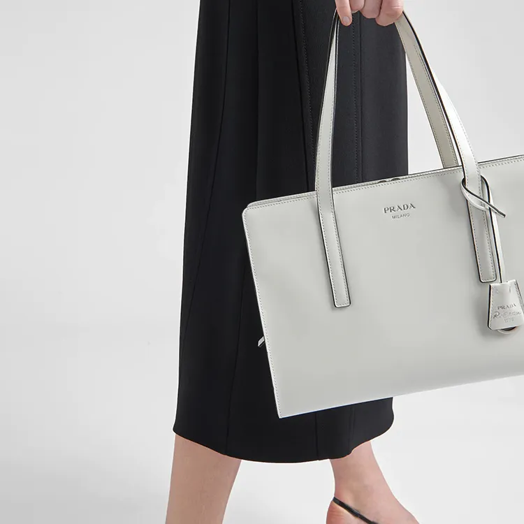 PRADA Re Edition Shiny Leather One Shoulder Handbag Tote Medium Size Women's White-4