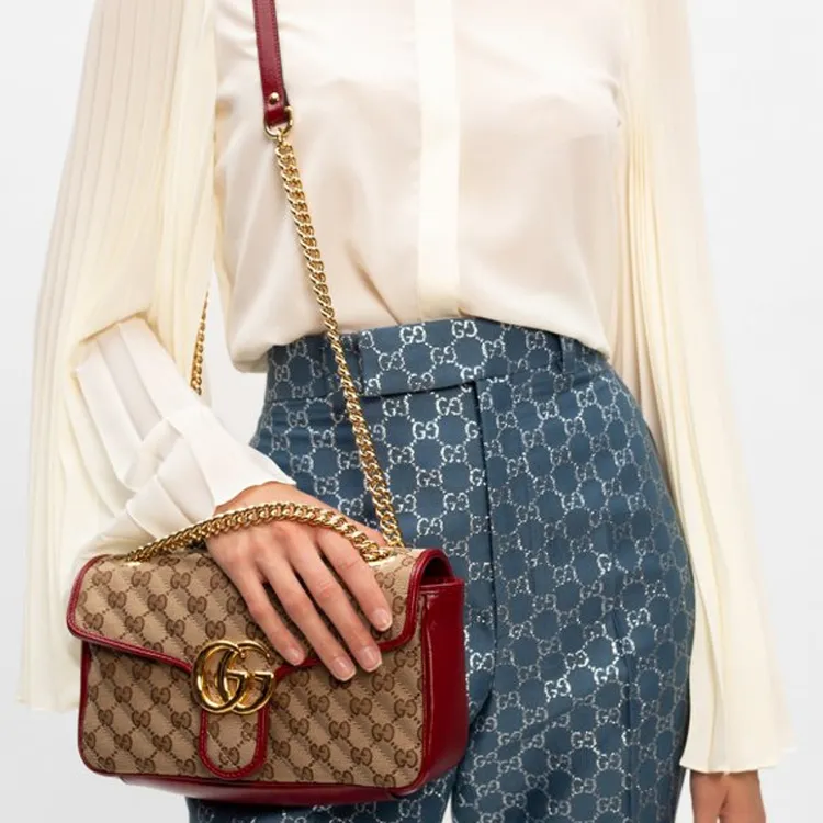 GUCCI GG Marmont Quilting Canvas With Leather Shoulder Bag, Crossbody Bag Trumpets Women's Beige-7