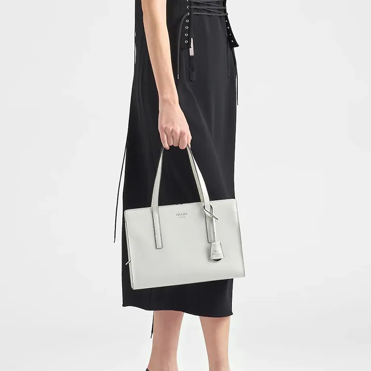PRADA Re Edition Shiny Leather One Shoulder Handbag Tote Medium Size Women's White-5