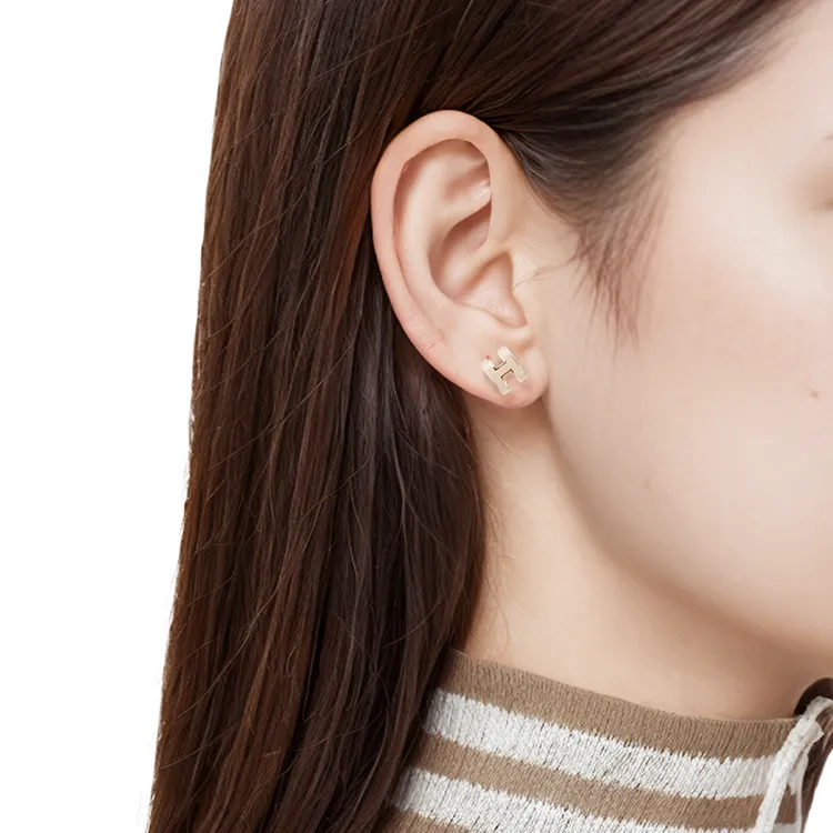 HERMES Gold Plated Stud Earrings Women's Rose Gold/Light Umber-4