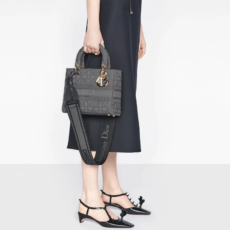 DIOR Lady D Lite Embroidery Handbag Medium Size Women's Gray-6