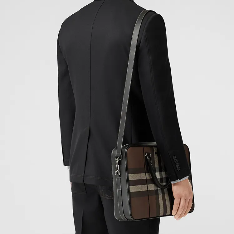 Burberry Plaid Patchwork Leather Briefcase Shoulder Bag Crossbody Bag Handbag Regular Men's Dark Birch Brown-5