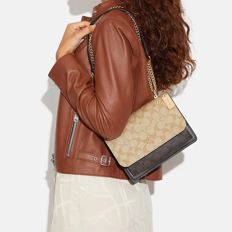 COACH Klare Patchwork Cow Leather Small Square Bag Shoulder Bag Crossbody Bag Regular Women's Light Khaki & Brown-5