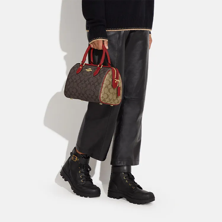 COACH Rowan Canvas With Leather Handbag Shoulder Bag Crossbody Bag Medium Size Women's Brown & Red-4