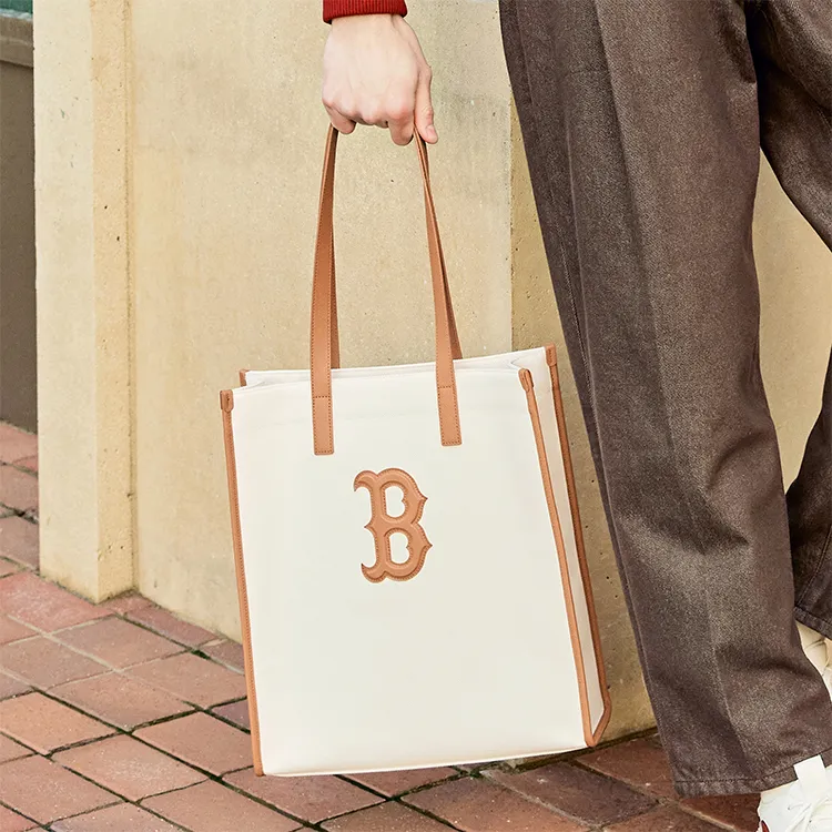 MLB Cotton With Polyester Tote Shopping Bag Handbag Shoulder Bag Unisex Ecru & Milk Tea Brown-5