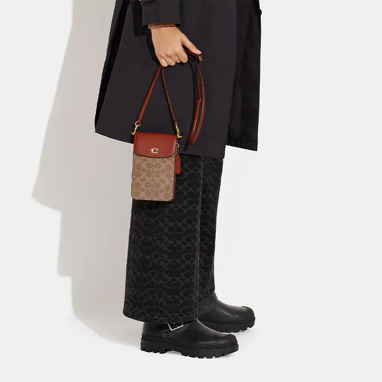 COACH Canvas With Calfskin Cell Phone Pouch, Shoulder Bag, Crossbody Bag Mini Women's Brown & Dark Rosewood-4
