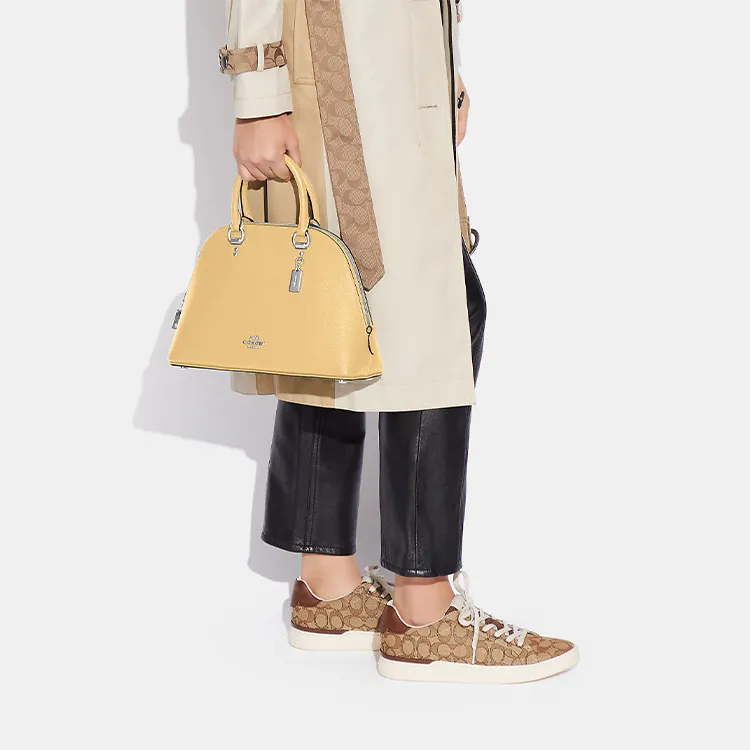 COACH Katy Cross-Stitch Leather Dome Bag Handbags Large Size Women's Yellow-4