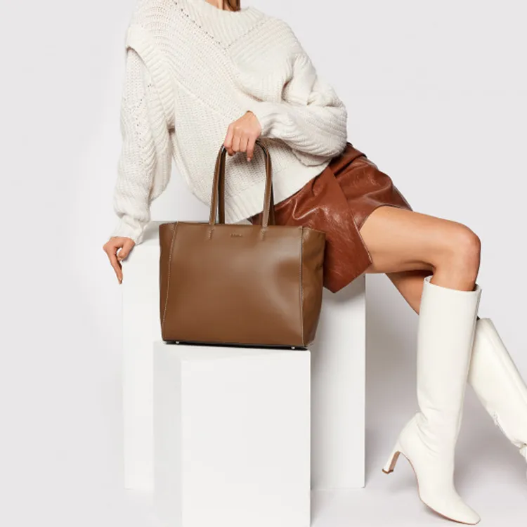 Furla Grain Leather Tote Bag, Shopping Bag, Shoulder Bag, Handbag Large Size Women's Brown-4