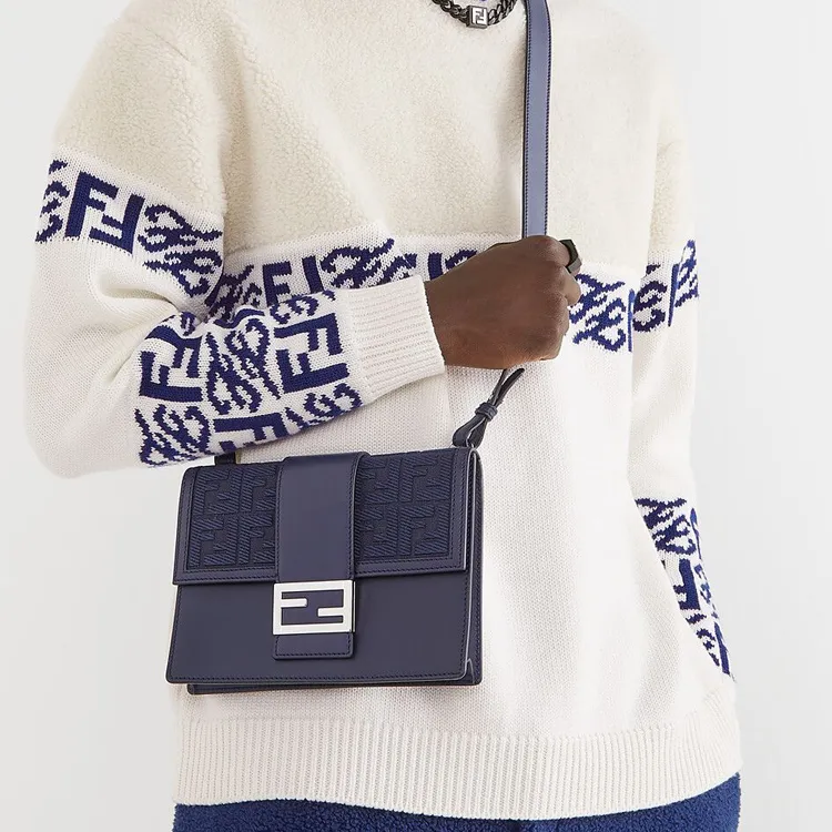 FENDI Baguette Cowhide Cotton Polyester Blend Baguette Bag Crossbody Bag Shoulder Bag Medium Size Men's Blue-5