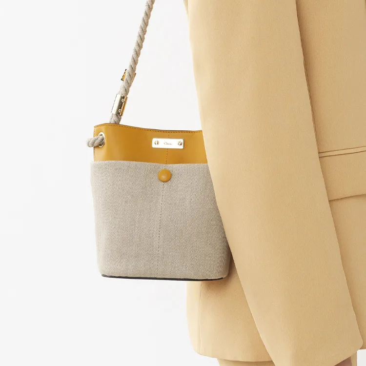 Chloe Key Linen With Calfskin Bucket Bag, Shoulder Bag, Crossbody Bag Small Size Women's Sunflower Yellow/Beige-4