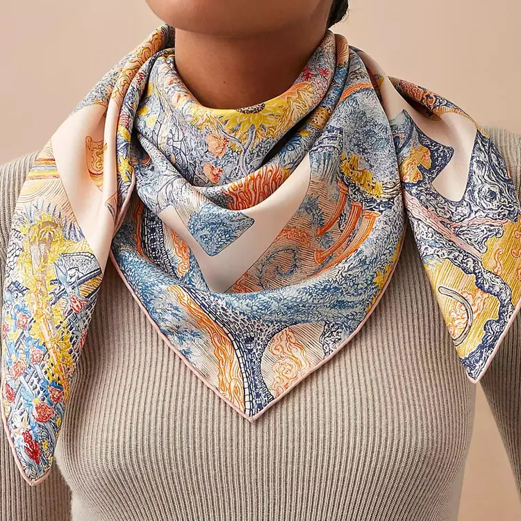 HERMES Silk Scarves Women's Light Pink/Blue/Yellow-1