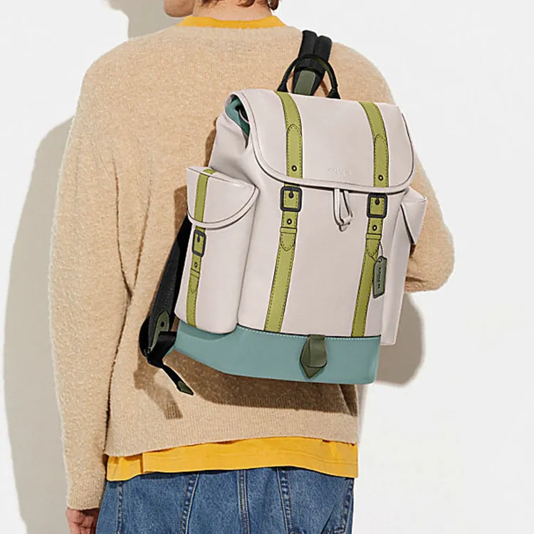 COACH Cow Leather Patchwork With Fabric Laptop Bag Travel Bag Backpack Large Size Men's White Green Multicolor-3
