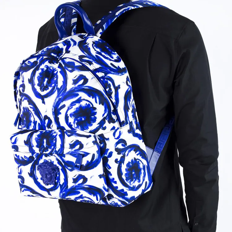 VERSACE Nylon Backpack Men's White Navy Blue-5
