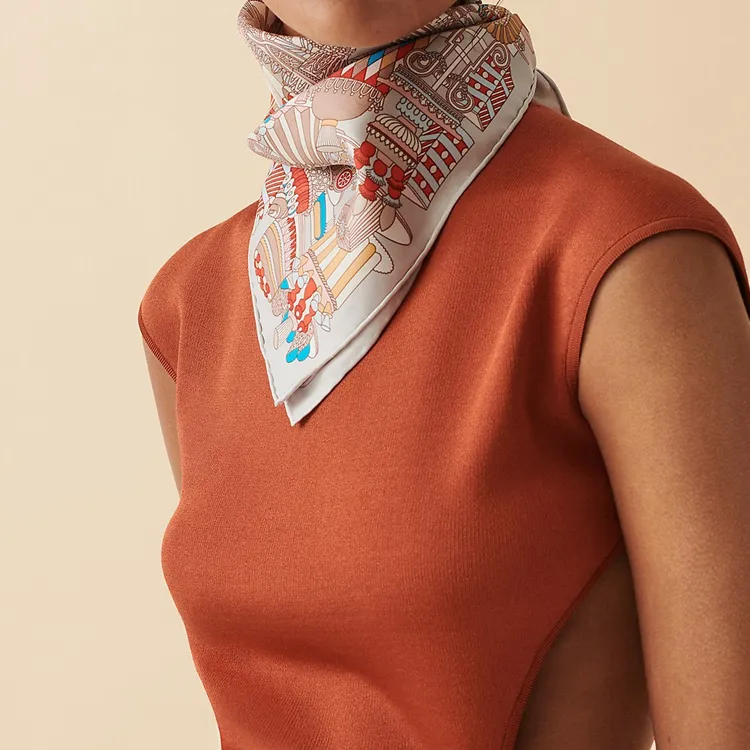 HERMES Silk Scarves Women's Pearl Gray/Garnet Red-1