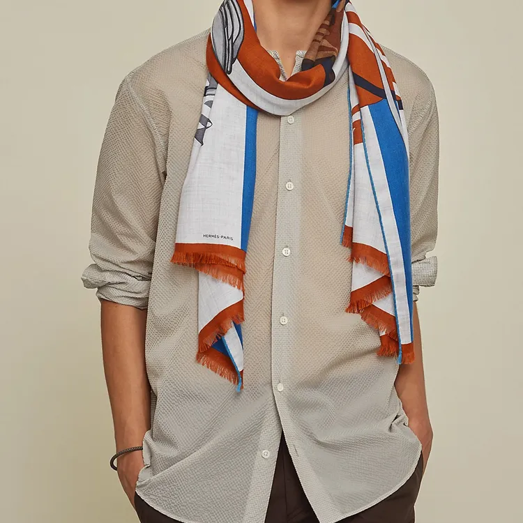 HERMES Silk Scarves Men's Mixed Gray/Caramel/Gray-1