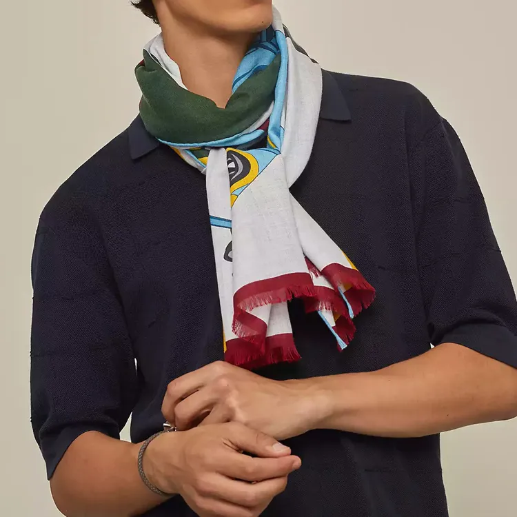 HERMES Silk Scarves Men Mixed Gray/Turquoise Blue-1