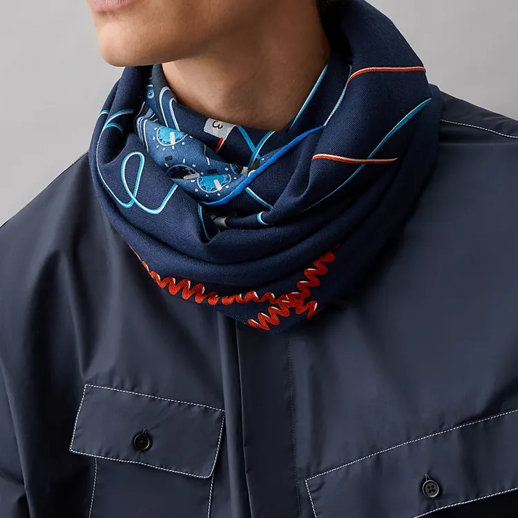 HERMES Silk Scarves Men Marine Blue/Orange/Blue-1