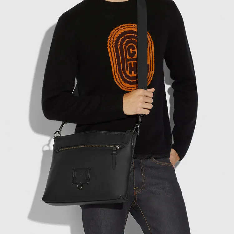 COACH Rivington Smooth Leather Shoulder Bag Crossbody Bag Large Size Men's Black-3