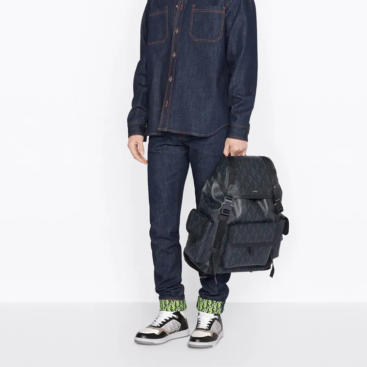DIOR Smooth Cow Leather Cotton Canvas Backpack Tubas Men's Black-5