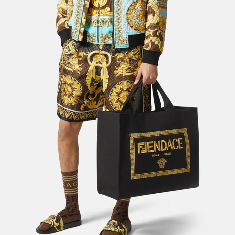 VERSACE X FENDI Collaboration Canvas Tote Bag Shopping Bag Shoulder Bag Handbag Large Size Men's Black-6