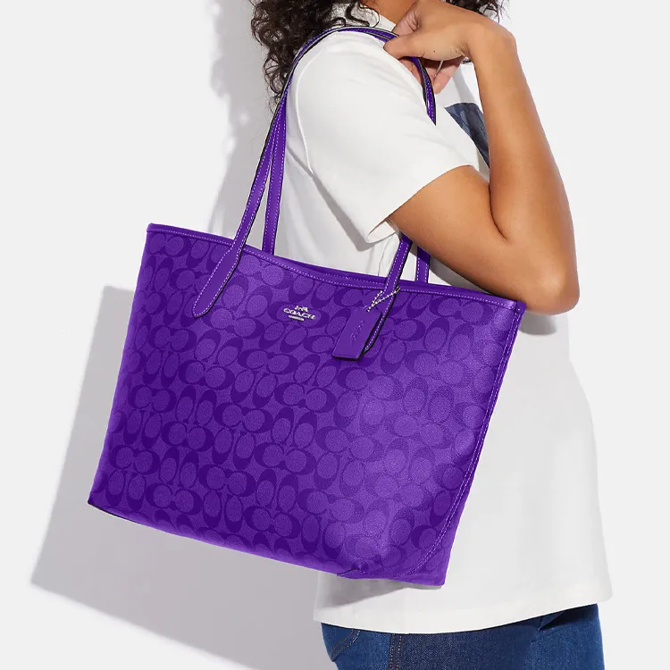COACH Coated Canvas With Leather Tote Bag Shopping Bag Tote Bag Shoulder Bag Large Size Women's Purple-3