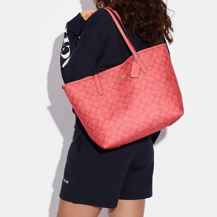 COACH City Canvas With Cow Leather Tote Bag, Shopping Bag, Handbag, Shoulder Bag Women's Pink-3